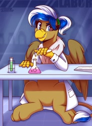 Size: 1300x1773 | Tagged: safe, artist:shadowreindeer, oc, oc only, oc:animatedpony, griffon, beaker, clothes, commission, female, implied transformation, lab coat, laboratory, looking at you, ponytail, solo, table