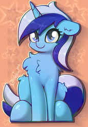 Size: 876x1276 | Tagged: safe, artist:llametsul, minuette, pony, unicorn, g4, abstract background, chest fluff, cute, ear fluff, female, floppy ears, fluffy, horn, leg fluff, looking at you, mare, minubetes, sitting, smiling, solo