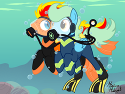 Size: 2360x1777 | Tagged: safe, artist:mistress midnight, artist:mommymidday, oc, oc only, oc:fireheart(fire), oc:sea glow, hybrid, pegabat, pegasus, pony, air tank, dive mask, duo, flippers (gear), full face mask, goggles, scuba gear, show accurate, underwater, wetsuit