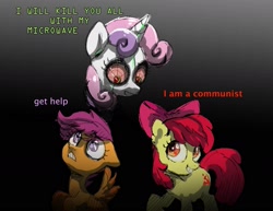 Size: 1959x1512 | Tagged: safe, artist:lucherik, apple bloom, scootaloo, sweetie belle, earth pony, pegasus, pony, robot, robot pony, unicorn, g4, communism, cutie mark crusaders, female, filly, foal, ponymagnets, sweetie bot, text, trio, wat