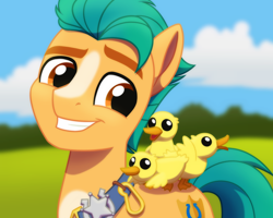 Size: 2560x2048 | Tagged: safe, artist:whitequartztheartist, hitch trailblazer, bird, duck, earth pony, pony, g5, animal, duckling, high res, male, simple background, smiling, solo, stallion