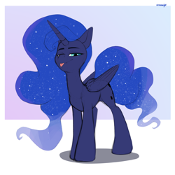 Size: 3000x3000 | Tagged: safe, artist:kirasunnight, princess luna, alicorn, pony, g4, :p, cute, female, folded wings, full body, high res, hooves, horn, lidded eyes, lunabetes, mare, shadow, signature, solo, standing, tail, tongue out, wings