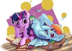 Size: 5016x3541 | Tagged: safe, artist:playful wings, rainbow dash, twilight sparkle, alicorn, pegasus, pony, g4, absurd resolution, bandaid, bandaid on nose, book, daring do book, duo, duo female, feather, female, folded wings, horn, lesbian, lying down, mare, on back, prone, ship:twidash, shipping, simple background, spread wings, tongue out, transparent background, twilight sparkle (alicorn), wings