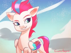 Size: 1739x1304 | Tagged: safe, artist:cosmickelpie, zipp storm, pegasus, pony, g5, cloud, female, mare, sky, slender, smiling, solo, thin