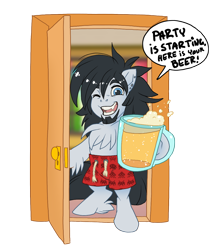 Size: 1044x1214 | Tagged: safe, artist:thegamercolt, oc, oc only, oc:thegamercolt, earth pony, semi-anthro, alcohol, arm hooves, beard, beer, big mane, birthday, chest fluff, clothes, door, facial hair, offering, one eye closed, shorts, simple background, smiling, solo, transparent background, unshorn fetlocks