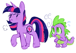 Size: 1326x932 | Tagged: safe, artist:cutiesparke, spike, twilight sparkle, dragon, pony, unicorn, g4, alternate cutie mark, baby, baby dragon, duo, female, frown, lightly watermarked, looking at each other, looking at someone, male, nervous, raised hoof, sad, simple background, sweat, sweatdrop, unicorn twilight, watermark, white background