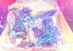 Size: 2800x1969 | Tagged: safe, artist:bunnari, oc, oc only, oc:prince plushy soft, alicorn, pony, alicorn oc, cape, clothes, crepuscular rays, fancy, fluffy, horn, indoors, looking at you, partially open wings, pastel, pretty, prince, soft, solo, sparkles, standing, throne, wings