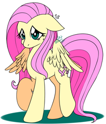 Size: 1280x1494 | Tagged: safe, artist:lilobiskuit, fluttershy, pegasus, pony, g4, female, floppy ears, mare, nervous, partially open wings, raised hoof, raised leg, shy, simple background, solo, standing, sweat, sweatdrop, three quarter view, white background, wings