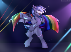 Size: 3600x2660 | Tagged: safe, artist:snowstormbat, oc, oc only, oc:midnight snowstorm, bat pony, pony, bipedal, bodypaint, dancing, fluffy, high res, male, nightclub, party, pride, pride flag, rave, smiling, solo, stallion