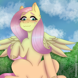 Size: 1280x1280 | Tagged: safe, artist:nervouslyhere, fluttershy, pegasus, pony, g4, blushing, chest fluff, colored hooves, female, looking at you, looking down, mare, outdoors, raised hoof, sitting, solo, spread wings, wavy mouth, wings