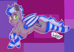 Size: 2048x1460 | Tagged: safe, artist:fluffytailponies, oc, oc only, oc:alex batovsky, bat pony, pony, bat wings, cheek fluff, chest fluff, clothes, colored pupils, ear tufts, eyebrows, fangs, femboy, folded wings, looking at you, lying down, male, prone, shading, signature, smiling, smiling at you, socks, solo, stallion, striped socks, wings