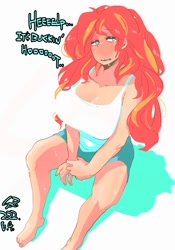 Size: 1400x2000 | Tagged: safe, artist:sozglitch, sunset shimmer, human, g4, barefoot, big breasts, breasts, busty sunset shimmer, cleavage, clothes, dialogue, feet, female, hot, huge breasts, humanized, looking at you, red face, shorts, simple background, sweat, talking to viewer, tank top, white background
