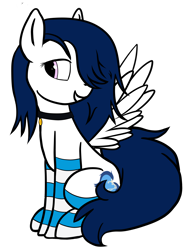 Size: 5000x6772 | Tagged: safe, artist:littlenaughtypony, artist:sassysvczka, oc, oc only, oc:sassysvczka, pegasus, pony, ashamed, clothes, collar, female, hair over one eye, mane, mare, pegasus oc, pet tag, simple background, sitting, smiling, socks, spread wings, stockings, striped socks, tail, teeth, thigh highs, transparent background, wings