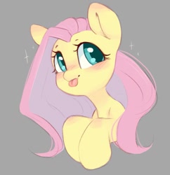 Size: 1013x1048 | Tagged: safe, artist:melodylibris, fluttershy, pegasus, pony, g4, :p, blushing, bust, colored pupils, cute, female, gray background, looking away, looking sideways, mare, shyabetes, silly, simple background, solo, sparkles, three quarter view, tongue out