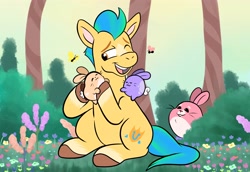 Size: 4096x2816 | Tagged: safe, artist:thetatodragon, hitch trailblazer, butterfly, earth pony, pony, rabbit, g5, my little pony: a new generation, animal, bush, critter magnet, critters, cute, daaaaaaaaaaaw, flower, happy, hitchbetes, holding, hug, male, open mouth, open smile, sitting, smiling, solo, stallion, tree