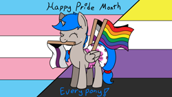 Size: 1920x1080 | Tagged: safe, artist:spritepony, oc, oc only, oc:sprite, alicorn, pony, abdl, asexual pride flag, demisexual pride flag, diaper, female, horn, lgbt, mouth hold, non-baby in diaper, nonbinary pride flag, poofy diaper, pride, pride flag, pride month, smiling, solo, standing, transgender pride flag, wing hold, wings