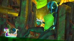 Size: 3840x2160 | Tagged: safe, artist:silkworm205, derpibooru exclusive, queen chrysalis, changeling, changeling queen, anthro, g4, 3d, baby changeling, bedroom eyes, cave, cave pool, chrysalis day, clothes, cocoon, crystal, cute, cuteling, female, floaty, grub, high res, looking at you, milf, mommy chrissy, mother, mother and child, panties, revamped anthros, source filmmaker, sunglasses, tank top, underwear, water