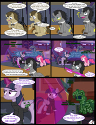 Size: 1042x1358 | Tagged: safe, artist:dendoctor, doctor whooves, mean twilight sparkle, pinkie pie, time turner, alicorn, earth pony, pegasus, pony, comic:clone.., g4, alternate universe, bits, butt, clone, colored pencils, comic, couch, discord whooves, discorded whooves, female, glowing, glowing horn, homunculus, horn, jar, magic, male, paper, pencil, pinkie clone, plot, shield, swear jar, twilight sparkle (alicorn)