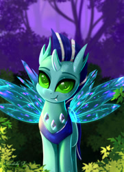 Size: 1625x2250 | Tagged: safe, artist:darksly, oc, oc only, changedling, changeling, blue changeling, changedling oc, changeling oc, cute, cute little fangs, fangs, forest, male, ocbetes, smiling, solo, spread wings, wings