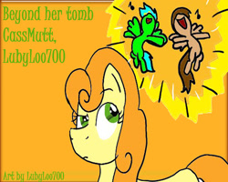 Size: 1280x1024 | Tagged: safe, artist:lubyloo700, carrot top, golden harvest, oc, oc:peacekeeper, earth pony, pegasus, pony, beyond her garden, g4, confused, female, flying, mare, music notes, open mouth, singing, smiling, spread wings, text, volumetric mouth, wings