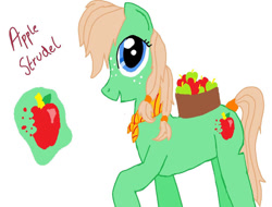 Size: 900x684 | Tagged: safe, artist:lubyloo700, oc, oc only, oc:applestrudel, earth pony, pony, apple, bandana, basket, female, food, mare, simple background, smiling, text, white background