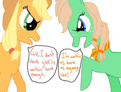 Size: 900x683 | Tagged: safe, artist:lubyloo700, applejack, oc, oc:applestrudel, earth pony, pony, g4, angry, applejack's hat, argument, bandana, cowboy hat, dialogue, female, hat, mare, raised hoof, simple background, speech bubble, text, white background