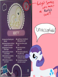 Size: 774x1032 | Tagged: safe, artist:lubyloo700, rarity, pony, unicorn, g4, angry, blind bag, blind bag card, card, cutie mark, danish, dialogue, dutch, female, french, frown, german, greek, hasbro, hasbro logo, implied twilight sparkle, italian, logo, mare, numbers, polish, portuguese, prepress error, rarity is not amused, smiling, spanish, speech bubble, swedish, text, toy, turkish, unacceptable, unamused, wrong cutie mark, you had one job
