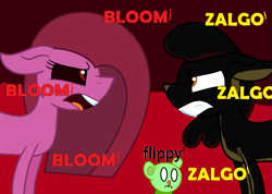 Size: 833x592 | Tagged: safe, artist:sunmint234, apple bloom, pinkie pie, bear, earth pony, pony, luna game, series:everything is broken, g4, angry, argument, creepy, creepybloom, creepypasta, crossover, dialogue, female, flippy, floppy ears, frown, gritted teeth, happy tree friends, looking at each other, looking at someone, male, mare, open mouth, pinkamena diane pie, scared, teeth, text, yelling, zalgo, zalgo pie