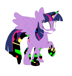 Size: 524x556 | Tagged: safe, artist:sunmint234, twilight sparkle, alicorn, pony, g4, corrupted, dusk till dawn, error, female, glitch, horn, mare, pibby, raised hoof, simple background, smiling, spread wings, transparent background, twilight sparkle (alicorn), wings