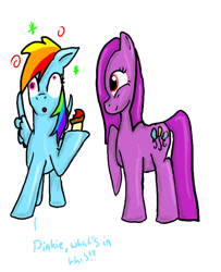 Size: 806x992 | Tagged: safe, artist:lubyloo700, pinkie pie, rainbow dash, earth pony, pegasus, pony, g4, 1000 hours in ms paint, cupcake, derp, dialogue, dizzy, female, food, mare, pinkamena diane pie, raised hoof, simple background, spread wings, text, white background, wings