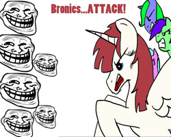 Size: 1280x1024 | Tagged: safe, artist:lubyloo700, oc, oc only, oc:fausticorn, alicorn, pony, 2012, angry, brony, dialogue, female, frown, gritted teeth, horn, lauren faust, mare, meme, simple background, smiling, spread wings, teeth, text, trollface, white background, wings