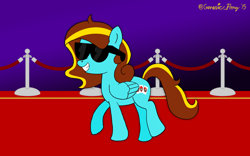 Size: 1920x1200 | Tagged: safe, artist:bobbyjoedudley, oc, oc only, oc:ilovekimpossiblealot, pegasus, pony, 2015, carpet, female, mare, pegasus oc, red carpet, solo, sunglasses, tail, two toned mane, two toned tail