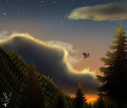 Size: 2000x1700 | Tagged: safe, artist:daftramms, zipp storm, pegasus, pony, g5, flying, forest, scenery, sky, solo, spread wings, wings