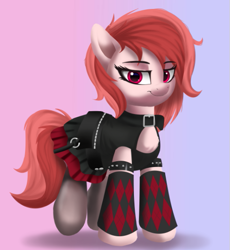 Size: 515x560 | Tagged: safe, artist:joaothejohn, oc, oc only, oc:rose petal, earth pony, pony, argyle, arm band, chest window, clothes, collar, female, leggings, mare, punk, skirt, socks, solo, spiked armband, tights