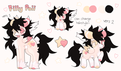 Size: 2995x1767 | Tagged: safe, artist:figchamp, oc, oc only, oc:poii, pegasus, pony, chest fluff, heterochromia, horns, no pupils, ponysona, reference sheet, solo, wings
