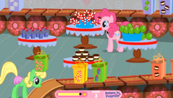Size: 499x284 | Tagged: safe, pinkie pie, oc, earth pony, pony, g4, adventures in ponyville, blonde mane, candy, candy cane, cherry, clothes, conveyor belt, cookie, cupcake, female, food, game, green pony, lollipop, mare, pink dress, pinkie pie's sweet shoppe, skirt, smiling, sugarcube corner, table, youtube link