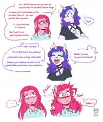 Size: 1512x1788 | Tagged: safe, artist:redxbacon, pinkie pie, rarity, earth pony, unicorn, anthro, g4, ..., bags under eyes, blushing, confused, cute, dialogue, duo, female, furrowed brow, insecure, lesbian, misunderstanding, onomatopoeia, pinkamena diane pie, pomf, radiant smile, raised eyebrows, ship:raripie, shipping, simple background, sweat, sweatdrops, white background, wholesome