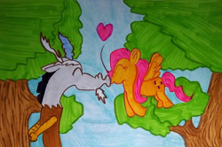 Size: 1280x851 | Tagged: safe, artist:dex stewart, discord, fluttershy, pegasus, pony, g4, female, heart, kissing, male, request, requested art, ship:discoshy, shipping, straight, traditional art, tree