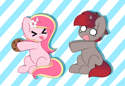 Size: 6751x4680 | Tagged: safe, artist:kittyrosie, oc, oc only, oc:rosa flame, pony, unicorn, ><, backwards ballcap, baseball cap, cap, cookie, duo, eyes closed, flower, flower in hair, food, hat, horn, striped background, tongue out, unicorn oc