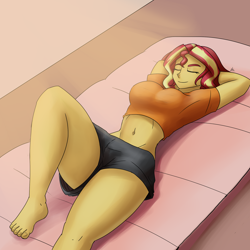 Size: 2000x2000 | Tagged: safe, artist:zachc, sunset shimmer, human, equestria girls, g4, arm behind head, belly button, breasts, busty sunset shimmer, clothes, eyes closed, feet, female, high res, lying down, midriff, short shirt, shorts, solo