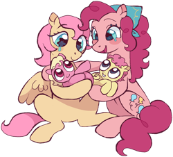 Size: 1280x1158 | Tagged: safe, alternate version, artist:universalheart, fluttershy, pinkie pie, oc, oc:cupid dart, oc:valentine, earth pony, pegasus, pony, g4, baby, baby pony, colt, crying, family, female, foal, holding a pony, lesbian, magical lesbian spawn, male, mare, not li'l cheese, offspring, parent:fluttershy, parent:pinkie pie, parents:flutterpie, ship:flutterpie, shipping, simple background, tears of joy, transparent background