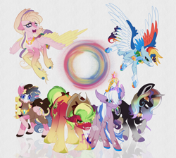 Size: 4096x3669 | Tagged: safe, artist:faunahoof, derpibooru exclusive, applejack, fluttershy, pinkie pie, rainbow dash, rarity, twilight sparkle, pegasus, pony, unicorn, g4, accessory, alternate design, angry, breath, colored wings, confused, crown, ears back, element of generosity, element of honesty, element of kindness, element of laughter, element of loyalty, element of magic, elements of harmony, glowing, glowing horn, gold, hair over eyes, horn, jewelry, looking at you, magic, magic aura, mane six, multicolored hair, multicolored mane, multicolored wings, pegasus wings, raised hoof, redesign, regalia, simple background, snarling, sneer, snorting, unicorn twilight, unshorn fetlocks, white background, wings