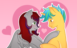 Size: 2146x1338 | Tagged: safe, artist:vatutina, oc, oc only, oc:sunrise sentry, pegasus, pony, unicorn, duo, female, freckles, heart, heart background, jewelry, looking at each other, looking at someone, male, mare, necklace, oc x oc, pearl necklace, shipping, stallion, straight