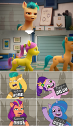 Size: 1280x2214 | Tagged: safe, edit, edited screencap, screencap, hitch trailblazer, izzy moonbow, pipp petals, posey bloom, sunny starscout, earth pony, pegasus, pony, unicorn, g5, my little pony: make your mark, my little pony: make your mark chapter 1, my little pony: tell your tale, the game is ahoof, spoiler:g5, spoiler:my little pony: make your mark, spoiler:my little pony: tell your tale, spoiler:tyts01e12, comparison, female, male, mane stripe sunny, mare, mugshot, police station, stallion