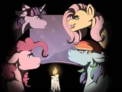 Size: 512x384 | Tagged: safe, artist:binibean, applejack, fluttershy, rainbow dash, twilight sparkle, earth pony, pegasus, pony, unicorn, g4, my little pony: friendship is magic, over a barrel, candle, female, i'd like to be a tree, mare, scene interpretation