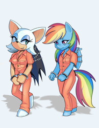 Size: 2480x3200 | Tagged: safe, artist:en17, rainbow dash, bat, anthro, g4, bound wings, breasts, chained, clothes, cuffs, high res, jumpsuit, prison outfit, prisoner rd, rouge the bat, sonic the hedgehog (series), wings
