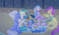 Size: 1154x692 | Tagged: safe, artist:snowwind69, gallus, ocean flow, silverstream, sky beak, terramar, oc, classical hippogriff, griffon, hippogriff, hippogriffon, hybrid, g4, base used, beach, brother and sister, cookie, cup, father and child, female, food, grandfather and grandchild, grandmother and grandchild, hippogriff ocean flow, interspecies offspring, male, mother and child, offspring, older, older gallus, older silverstream, older terramar, parent:gallus, parent:silverstream, parents:gallstream, ship:gallstream, shipping, siblings, straight, teacup