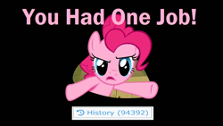 Size: 1280x720 | Tagged: safe, edit, edited screencap, screencap, pinkie pie, earth pony, pony, derpibooru, g4, over a barrel, season 1, breaking the fourth wall, didn't think this through, female, fourth wall, hey! that's what i said!, inspect element, looking at you, meta, open mouth, solo, you had one job