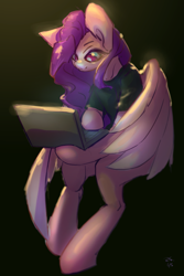 Size: 1367x2051 | Tagged: safe, artist:rainsketch, pipp petals, pegasus, pony, semi-anthro, g5, arm hooves, clothes, computer, laptop computer, shirt, simple background, solo, t-shirt