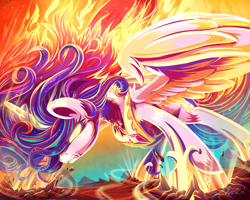Size: 4500x3600 | Tagged: safe, artist:jadedjynx, princess celestia, alicorn, pony, angry, badass, color porn, eyestrain warning, fanfic art, female, fire, frown, furious, glowing, glowing eyes, gritted teeth, high res, jewelry, magic, mare, regalia, solo, spread wings, teeth, wings